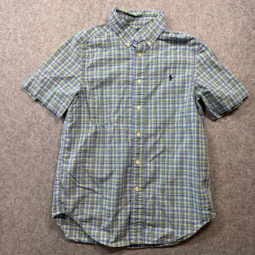 Polo Ralph Lauren Boys Large 14-16 Plaid Shirt Short Sleeve Green Blue Pony
